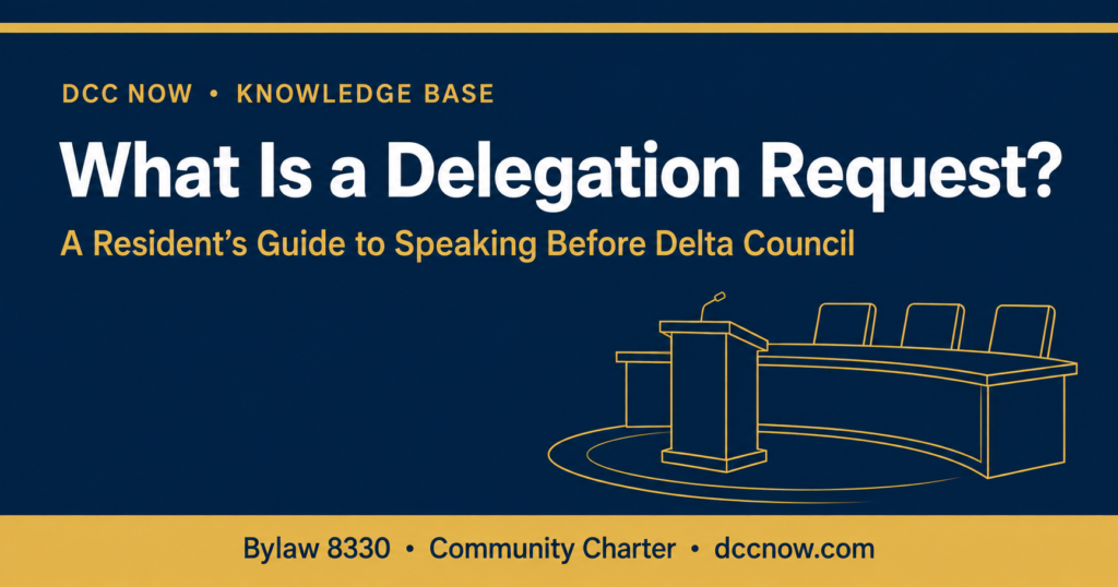 “DCC Now knowledge-base card: What is a delegation request? A resident guide to speaking before Council in Delta.”