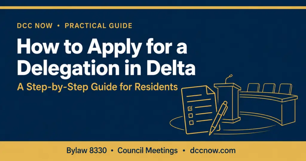 DCC Now practical guide: How to Apply for a Delegation in Delta. A step-by-step guide for residents. Navy card with gold checklist, pen, podium and council table. Bylaw 8330, Council Meetings, dccnow.com.