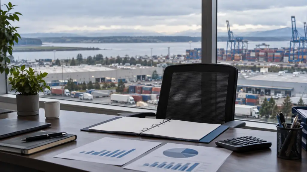 Empty planning office overlooking an industrial port landscape, representing questions about One Delta’s economic-development proposal.