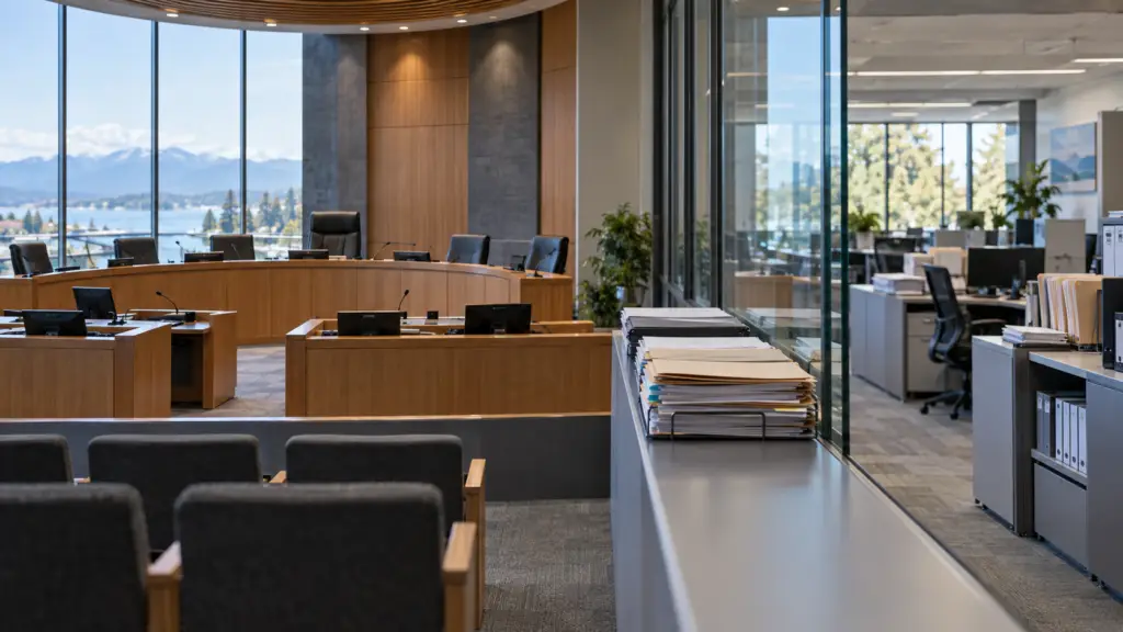 Empty municipal council chamber beside City administrative offices and public records.
