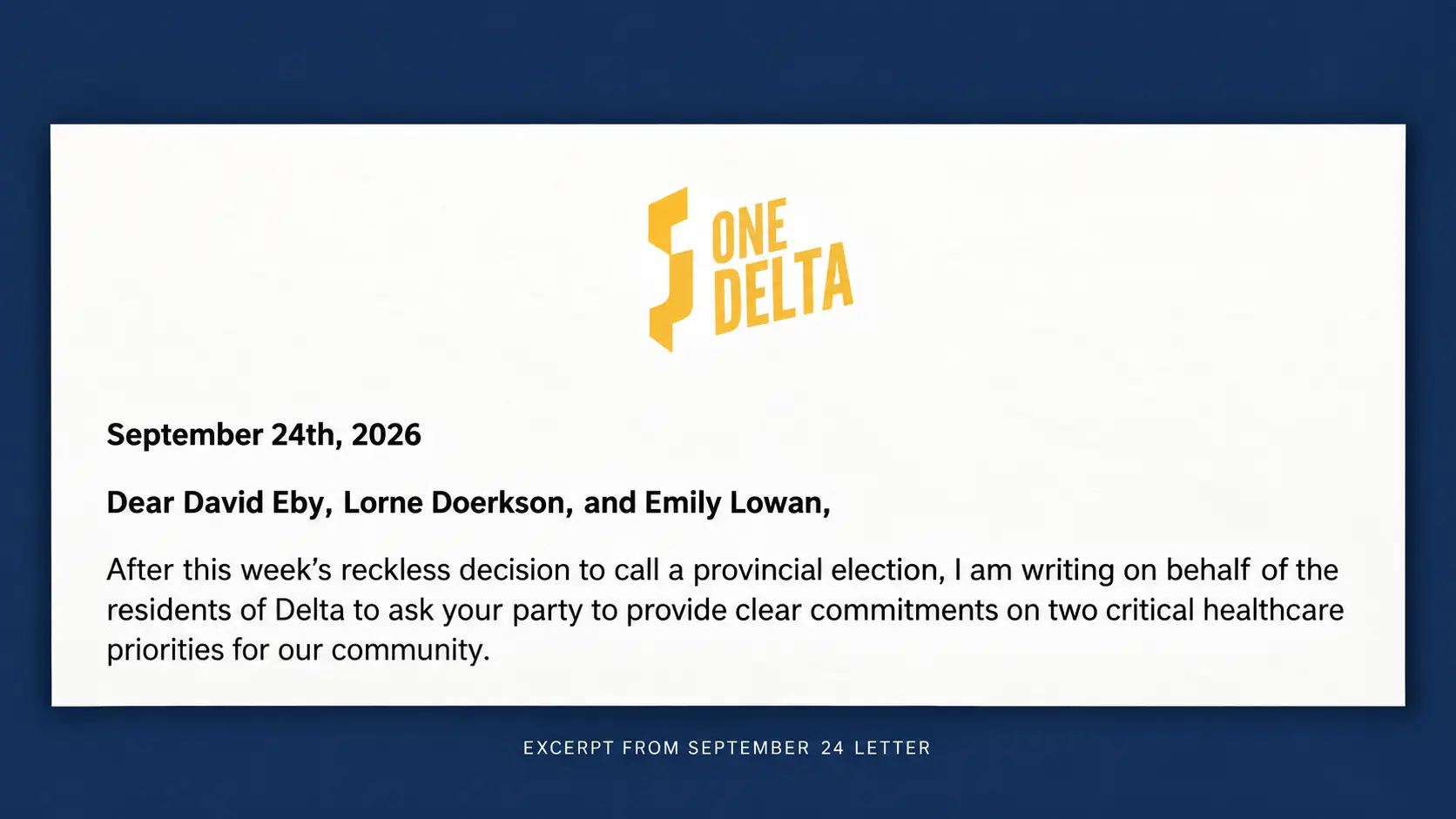 Dylan Kruger’s September 24, 2026 letter to provincial party leaders, on One Delta letterhead
