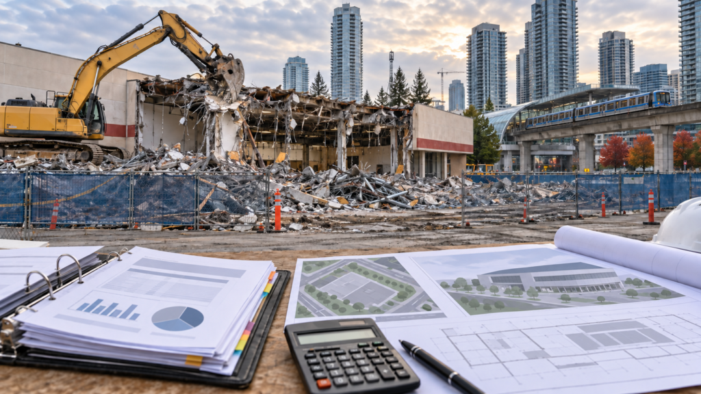 Illustration of a demolition site with an excavator, with arena plans, a calculator and a cost binder in the foreground.