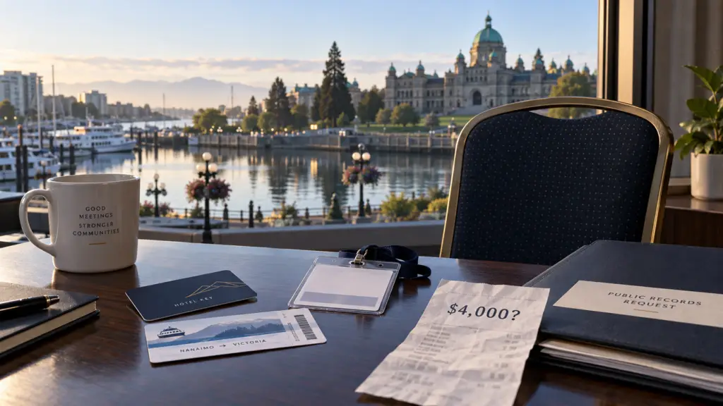 Desk overlooking the Inner Harbor and BC Legislature in Victoria: hotel key, blank name badge, ferry ticket, a receipt marked $4,000?, and a public-records request folder. Empty chair.