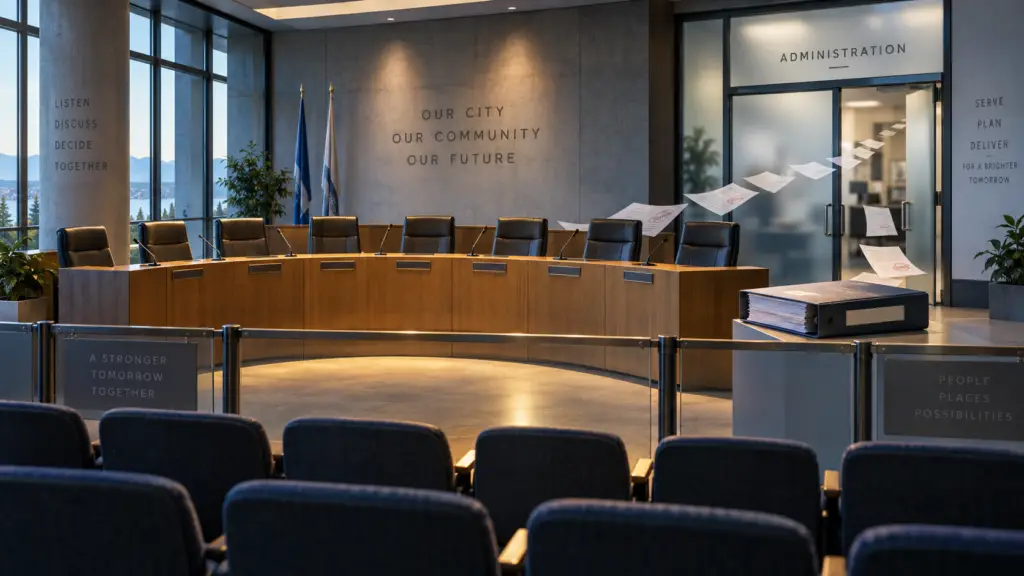 An empty municipal Council chamber with eight seats as documents move toward an administration office, symbolizing the relationship between elected Council and appointed administration