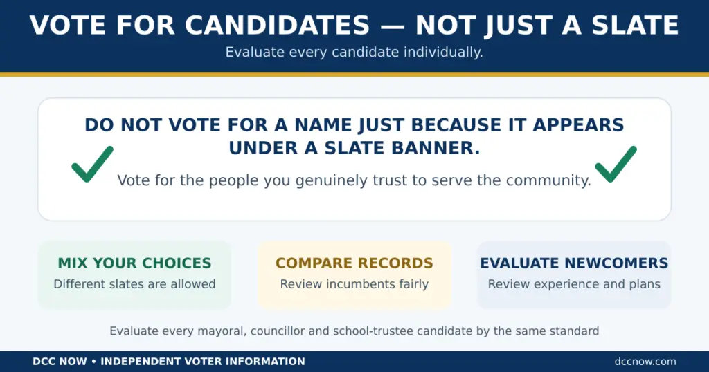 Vote for candidates — not just a slate. Evaluate every candidate individually.