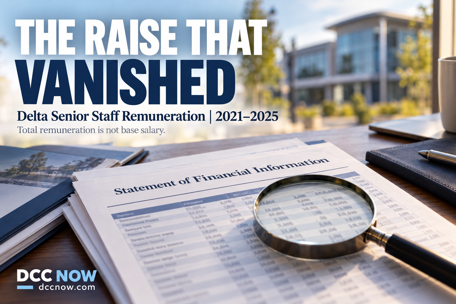 The Raise That Vanished — Delta senior staff remuneration 2021–2025. Statement of Financial Information on a desk. Total remuneration is not base salary. DCC Now.