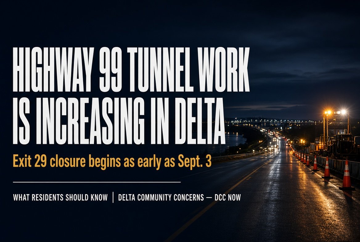 Highway 99 tunnel work increasing in Delta — Exit 29 closure begins as early as Sept. 3