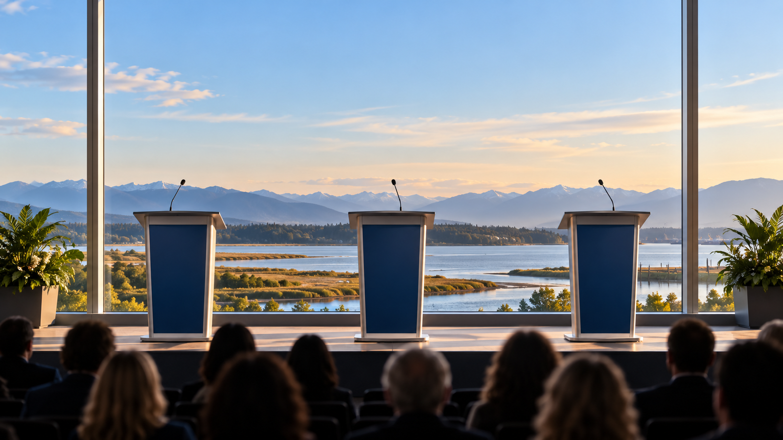 Three empty debate podiums facing a Delta-style river and mountain view. No candidates shown.