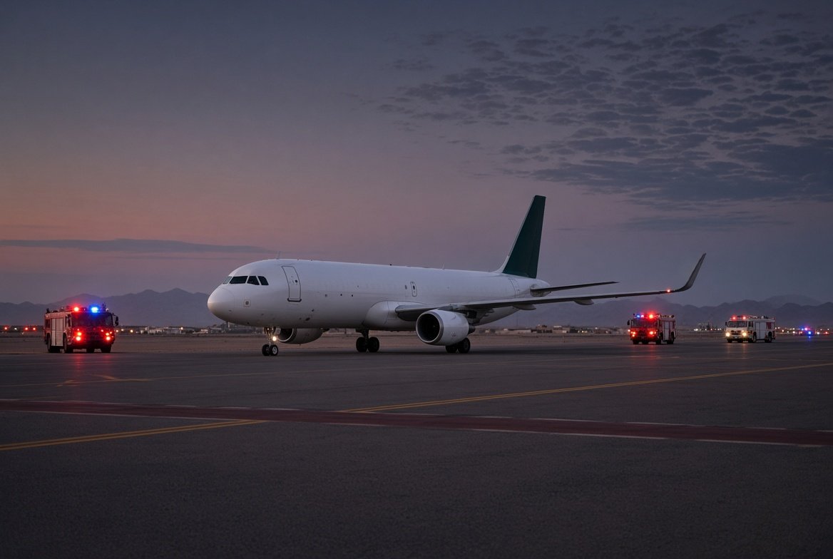 flydubai aircraft on a runway at dusk after an emergency diversion, with emergency vehicles nearby.