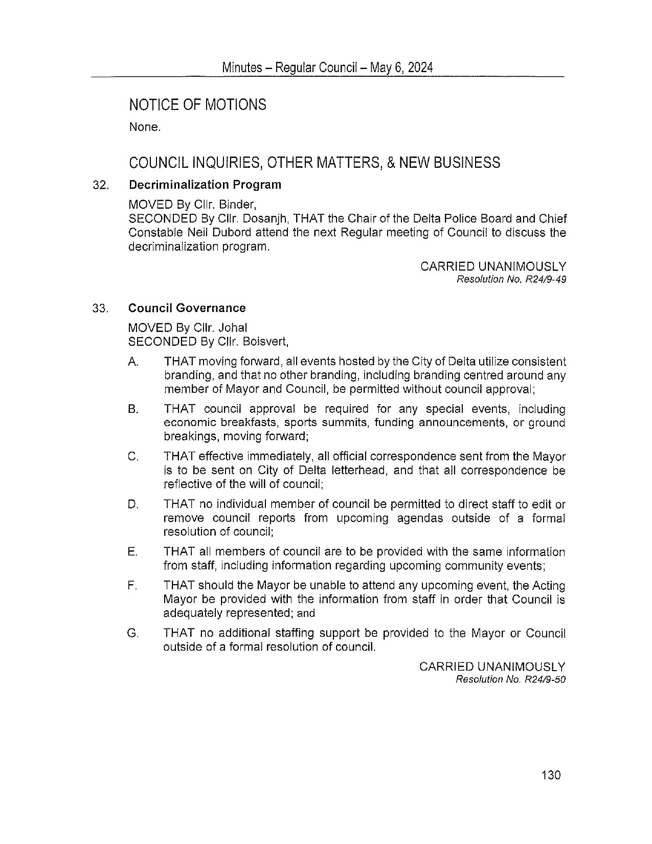 City of Delta Regular Council minutes May 6 2024 page 130 showing Resolution R24/9-50 Council Governance