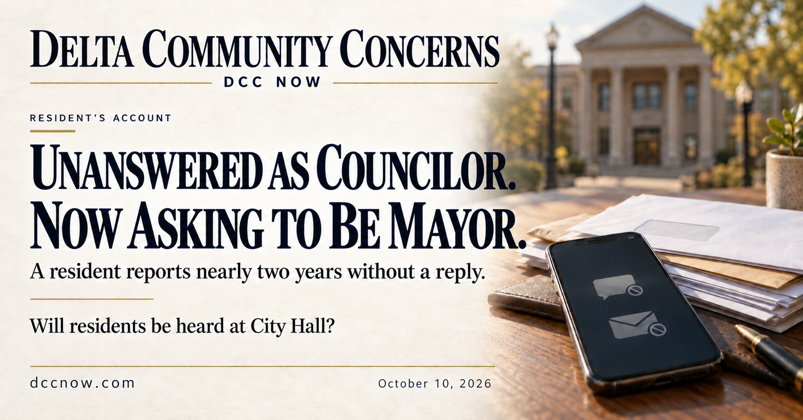 Unanswered as councilor. Now asking to be mayor. A resident reports nearly two years without a reply.