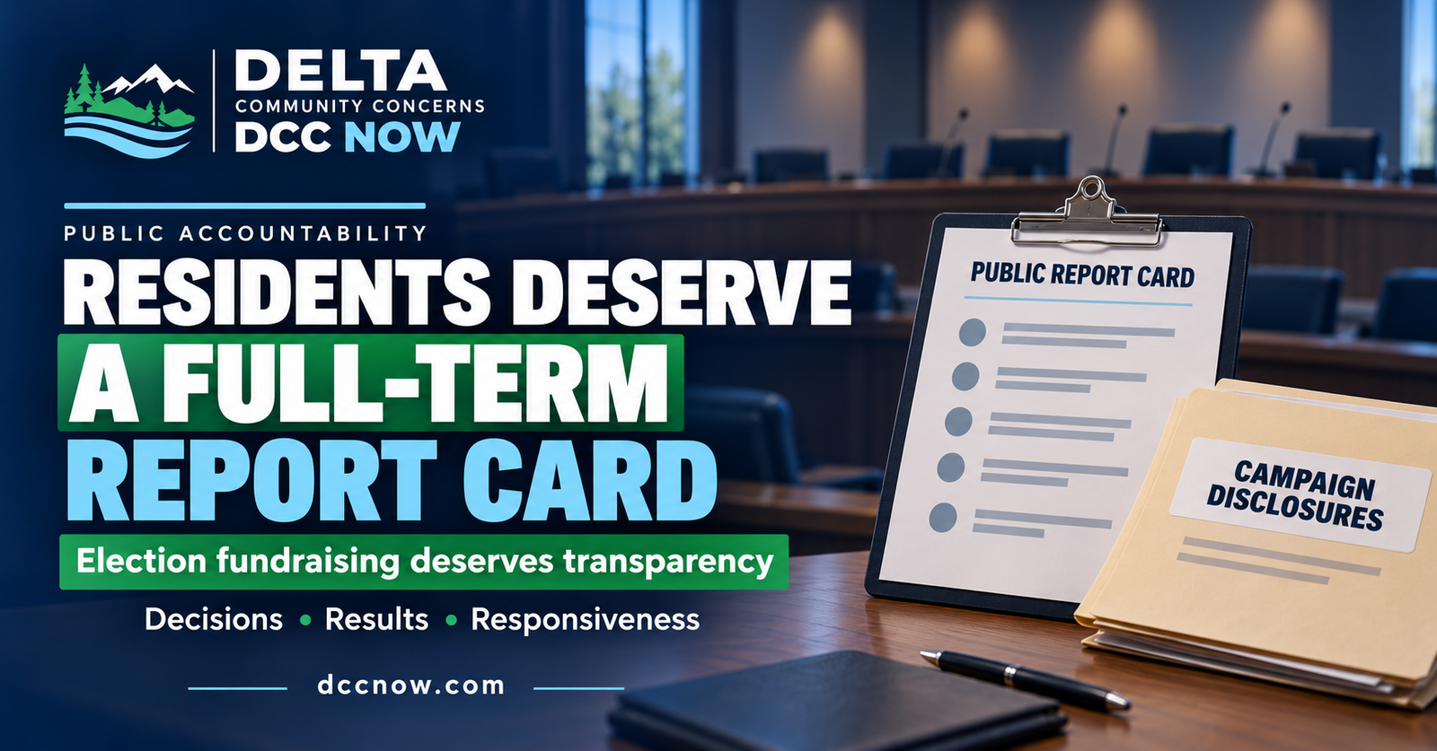 DCC Now graphic: Residents Deserve a Full-Term Report Card — public accountability and election fundraising transparency. Decisions, results, and responsiveness.