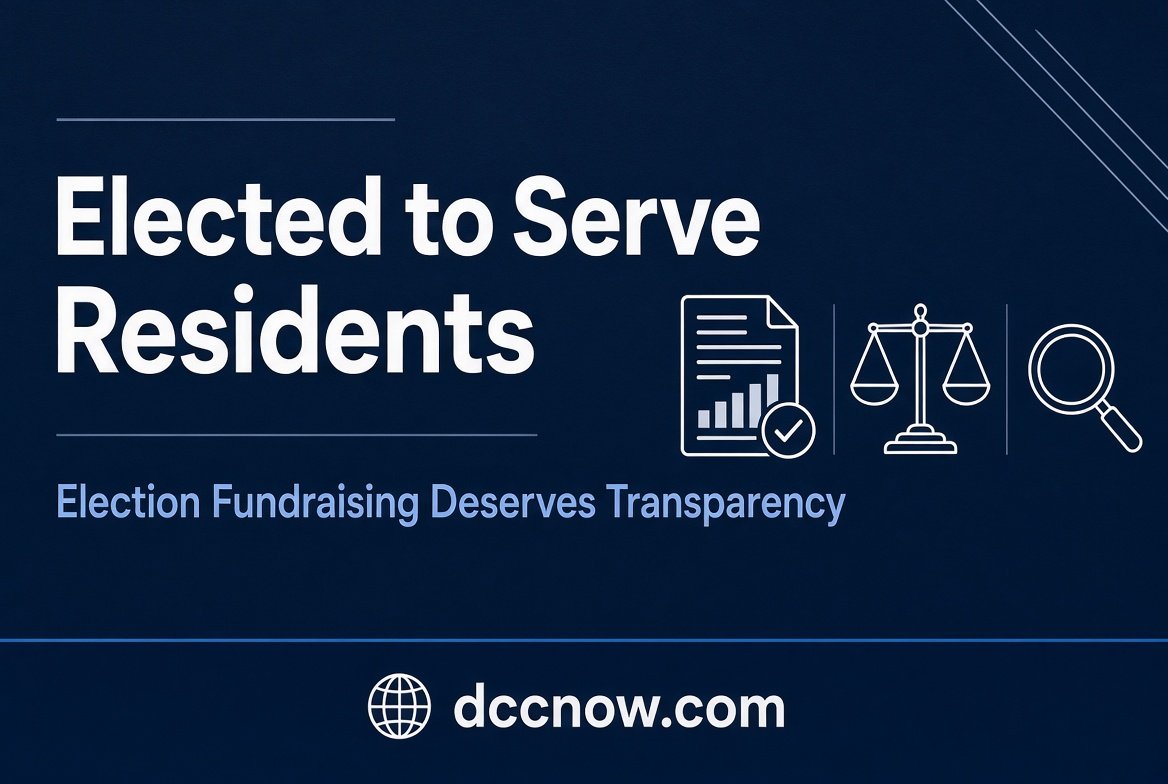 DCC Now graphic: Elected to Serve Residents – Election fundraising deserves transparency. Questions about contributors, conflicts of interest, and public report cards.