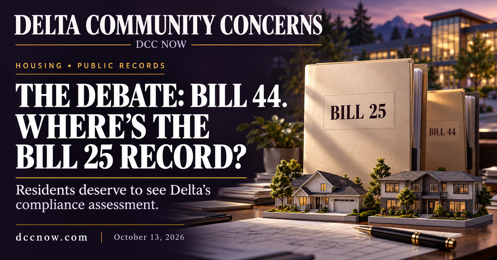 Delta Community Concerns graphic: The debate is about Bill 44. Where’s the Bill 25 record? Residents deserve to see Delta’s compliance assessment. October 13, 2026.