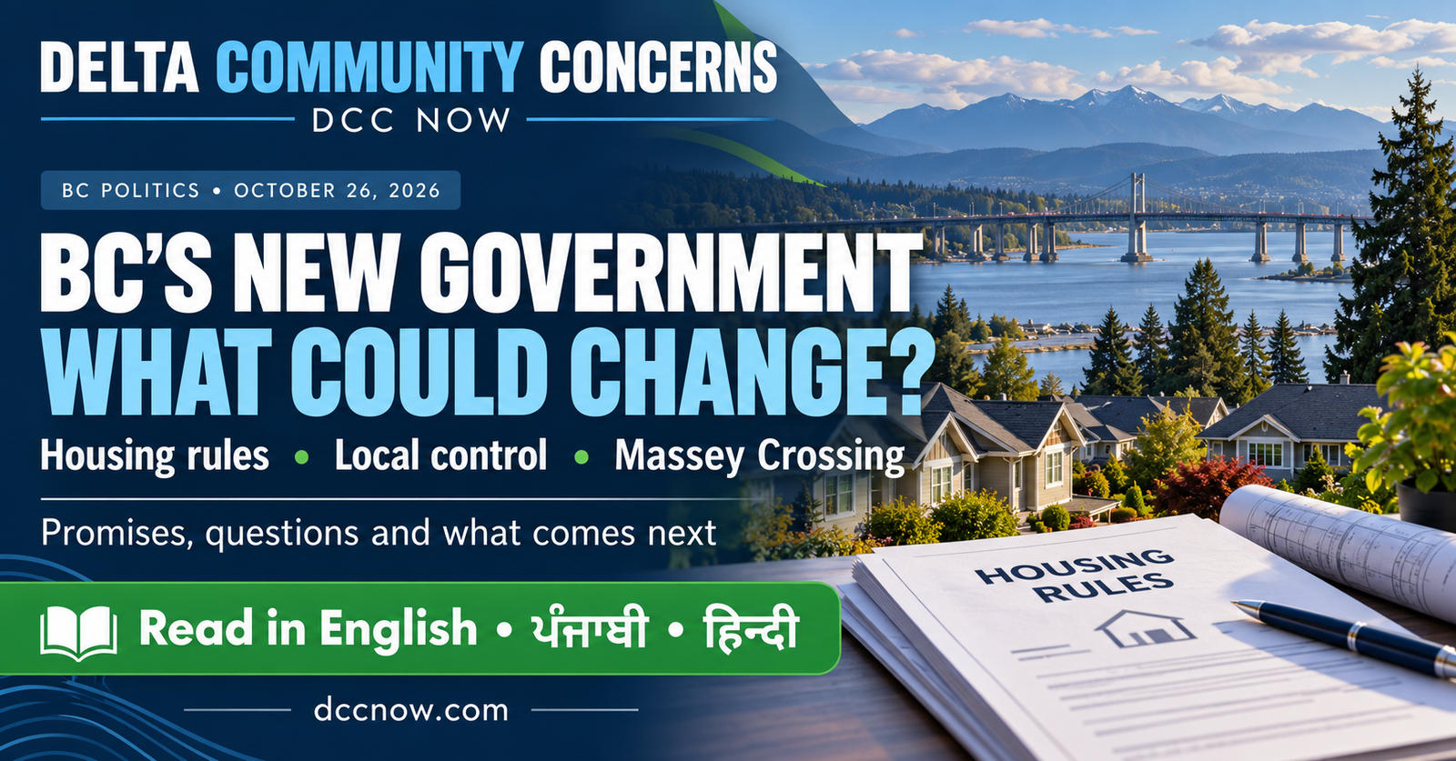 BC’s new Conservative government: what could change for housing rules, local control and the Massey Crossing. DCC Now, October 26, 2026.