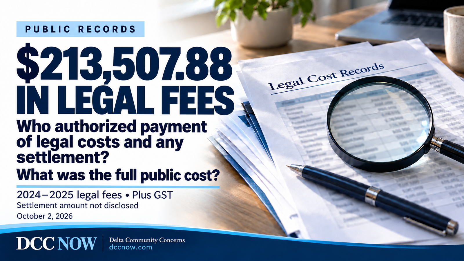 Public records graphic: $213,507.88 in legal fees. Who authorized payment of legal costs and any settlement? What was the full public cost? 2024–2025 legal fees plus GST. Settlement amount not disclosed. October 2, 2026. DCC Now.