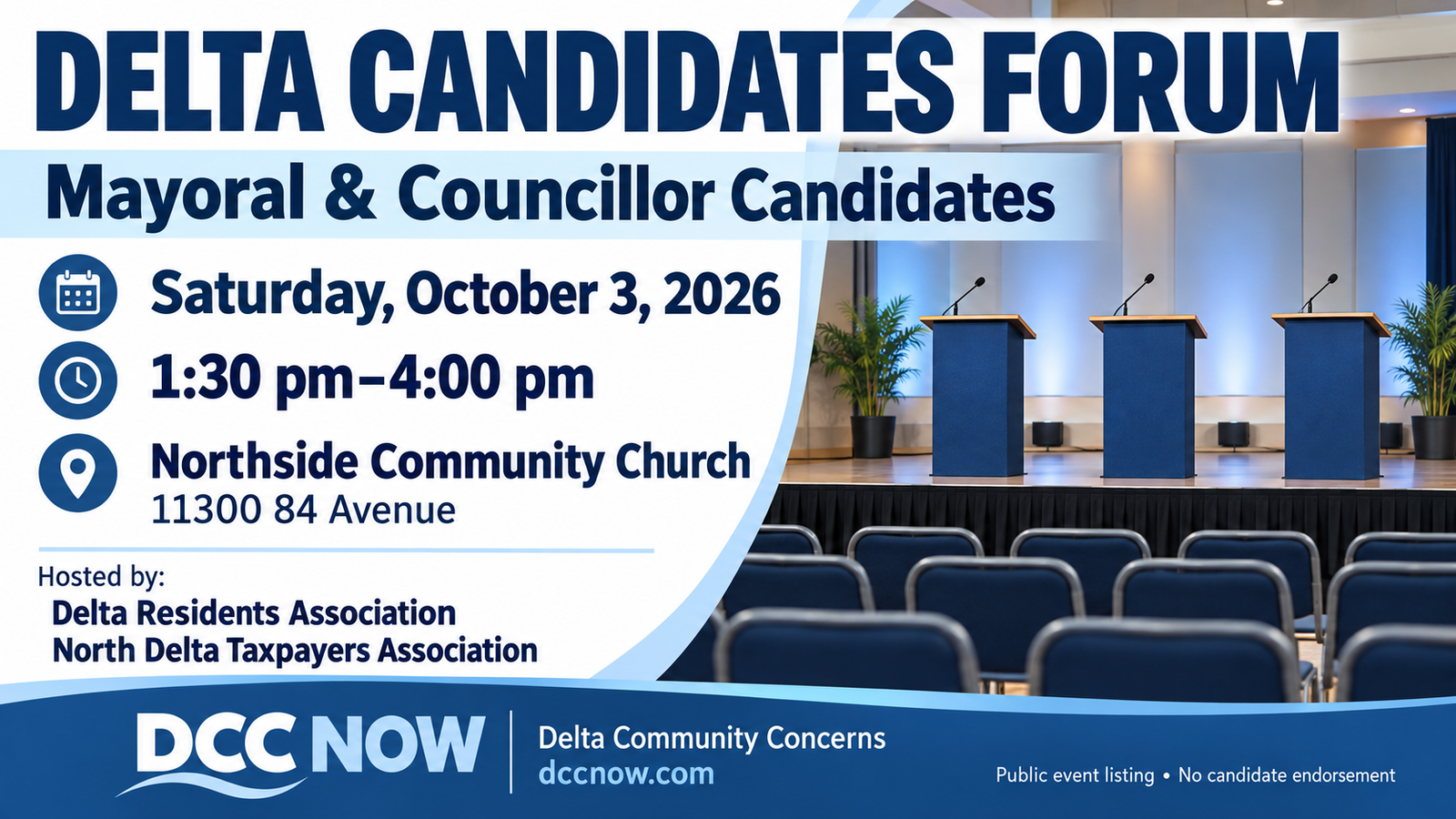 Delta Candidates Forum for mayoral and councilor candidates, Saturday, October 3, 2026, 1:30 pm to 4:00 pm, Northside Community Church, 11300 84 Avenue. Hosted by the Delta Residents Association and the North Delta Taxpayers Association. DCC Now public event listing. No candidate endorsement.